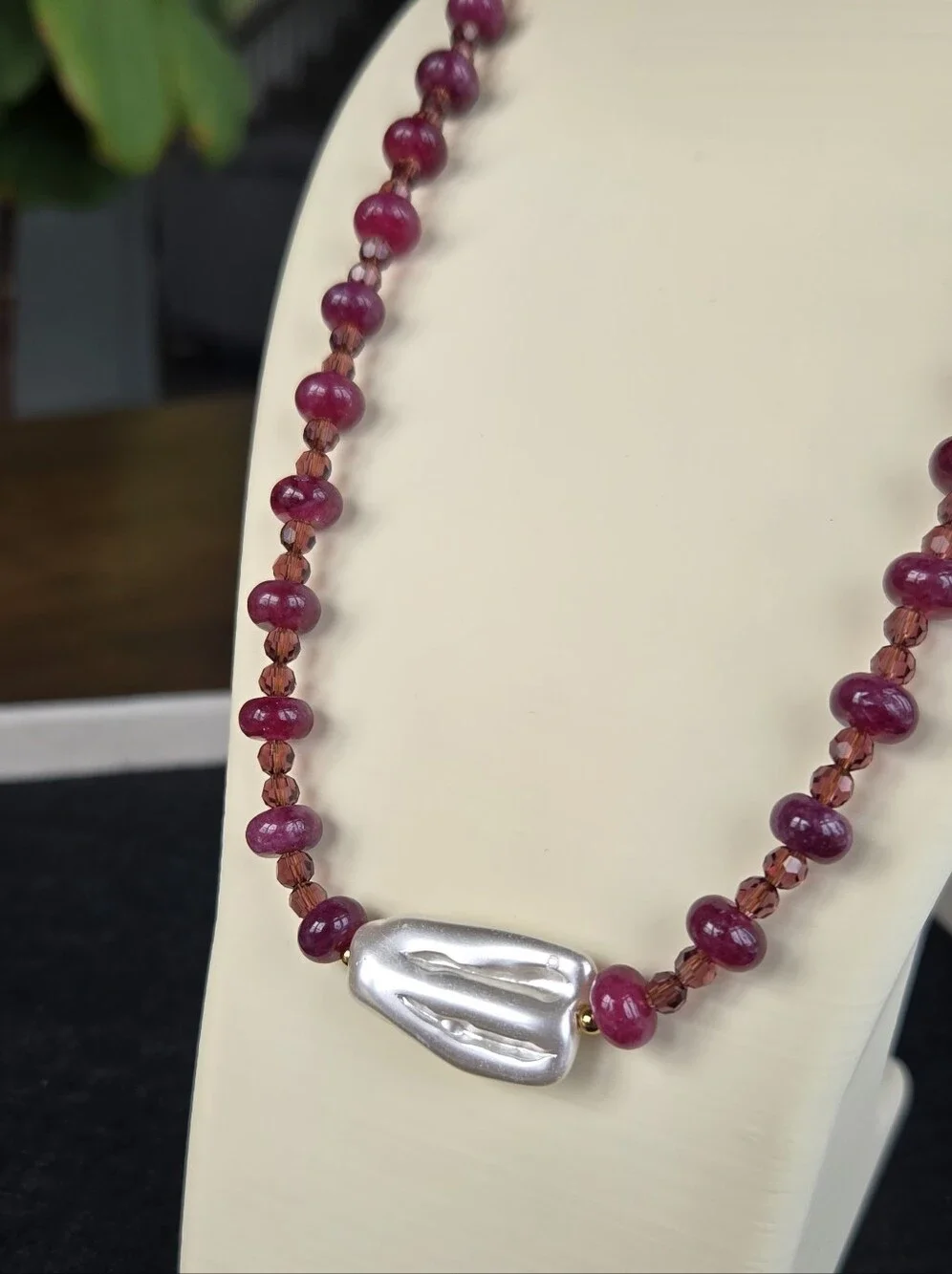 Handcrafted Semiprecious Purple Jade And Swarovski Pearl Pendant Necklace